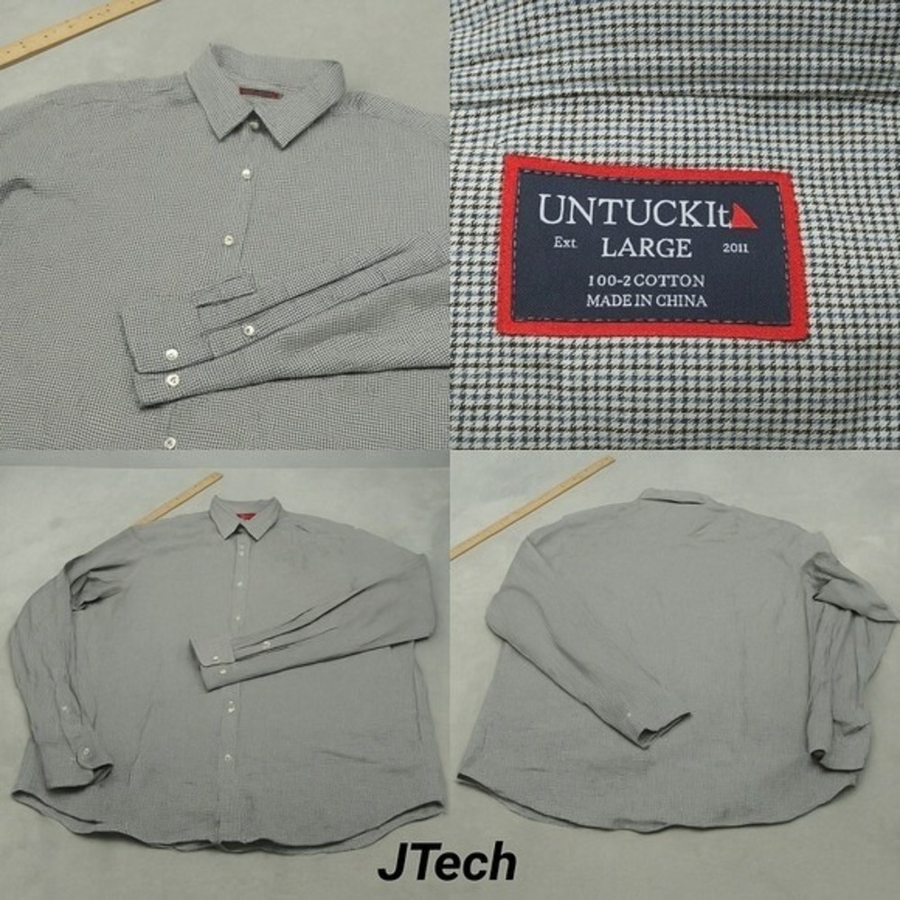 UNTUCKit Shirt Mens Large White Black Houndstooth Cotton Lightweight Long Sleeve